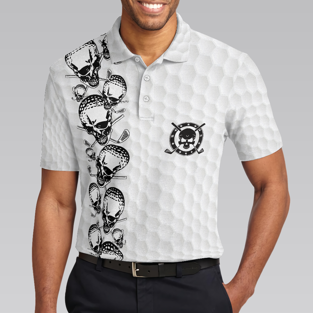 Golfing Skull Golf Ball And Clubs Shirt Polo Shirt, Golf Pattern Polo Shirt, Black And White Golf Shirt For Men - Hyperfavor