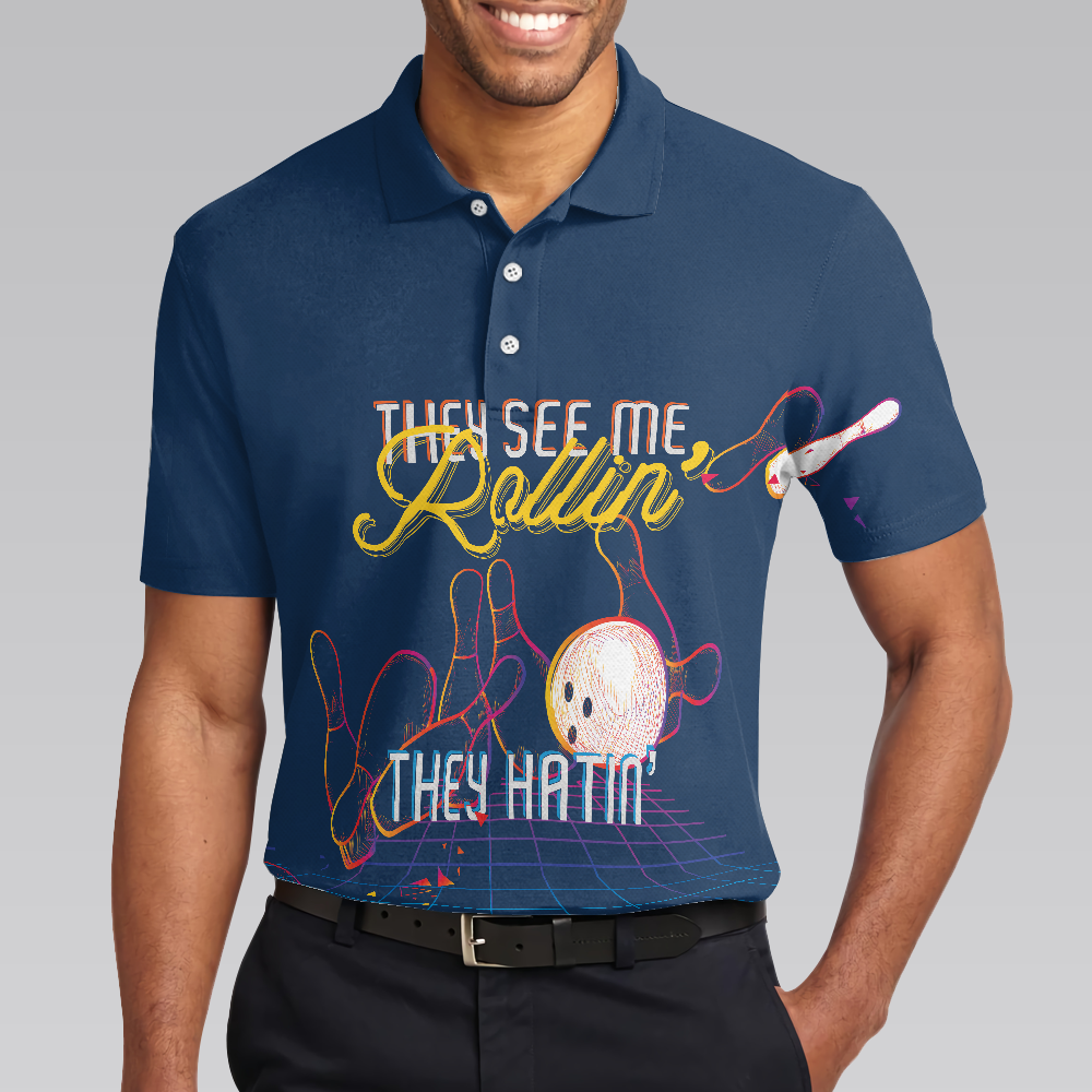 Bowling They see me Rollin’ They Hatin’ Short Sleeve Polo Shirt, Light Art Bowling Shirt for Men - Hyperfavor