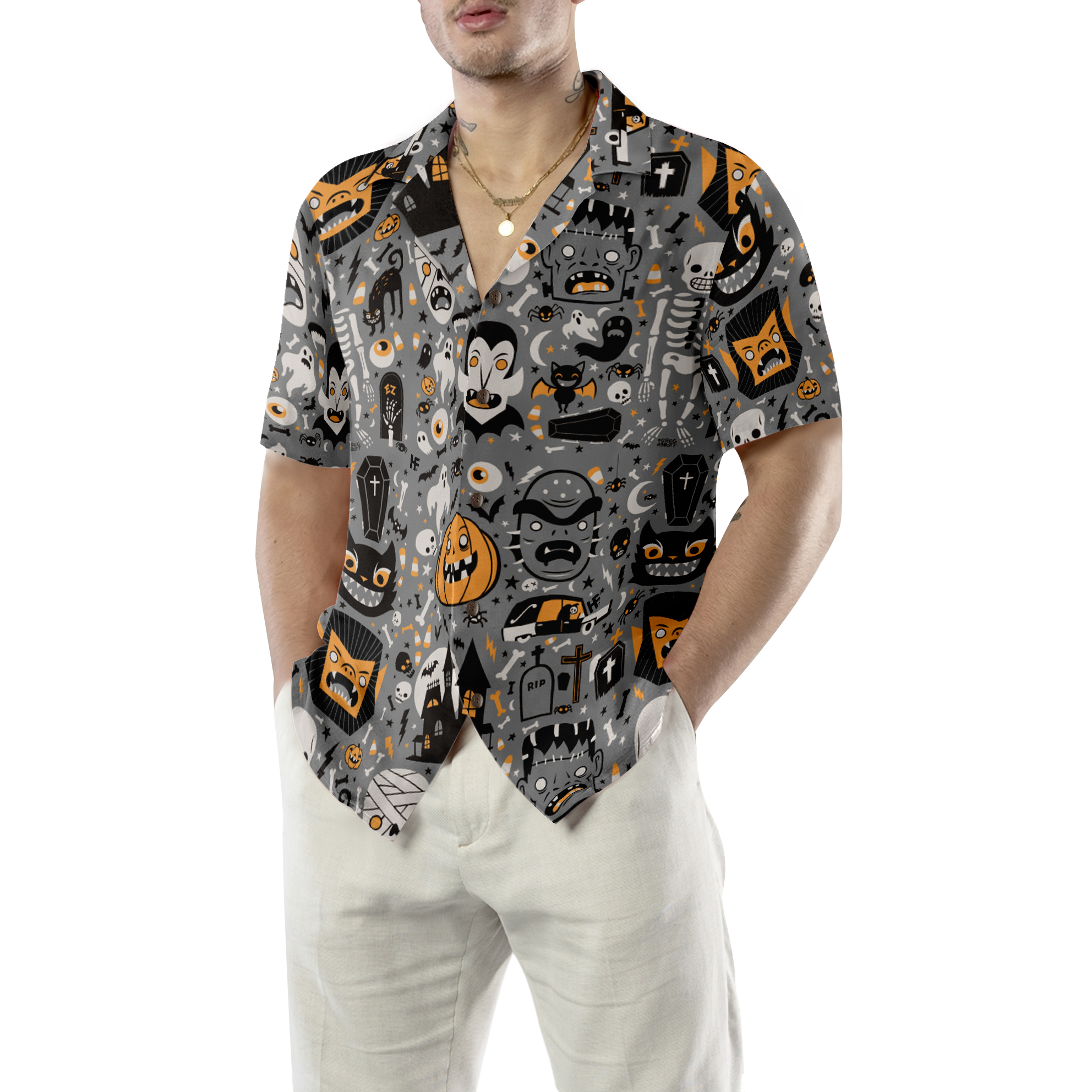 Doodle Pattern Happy Halloween Hawaiian Shirt - Hyperfavor