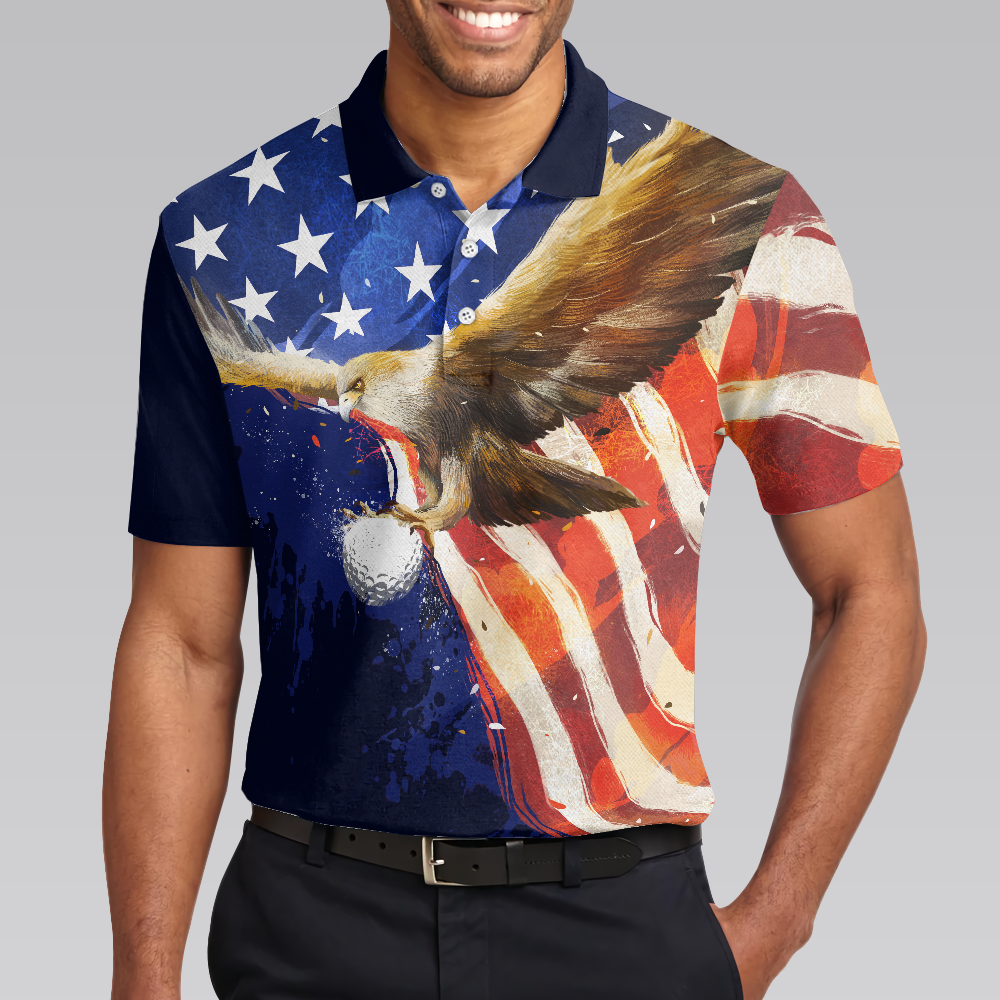 Eagle Flying Golf with American Flag Polo Shirt for Men - Hyperfavor