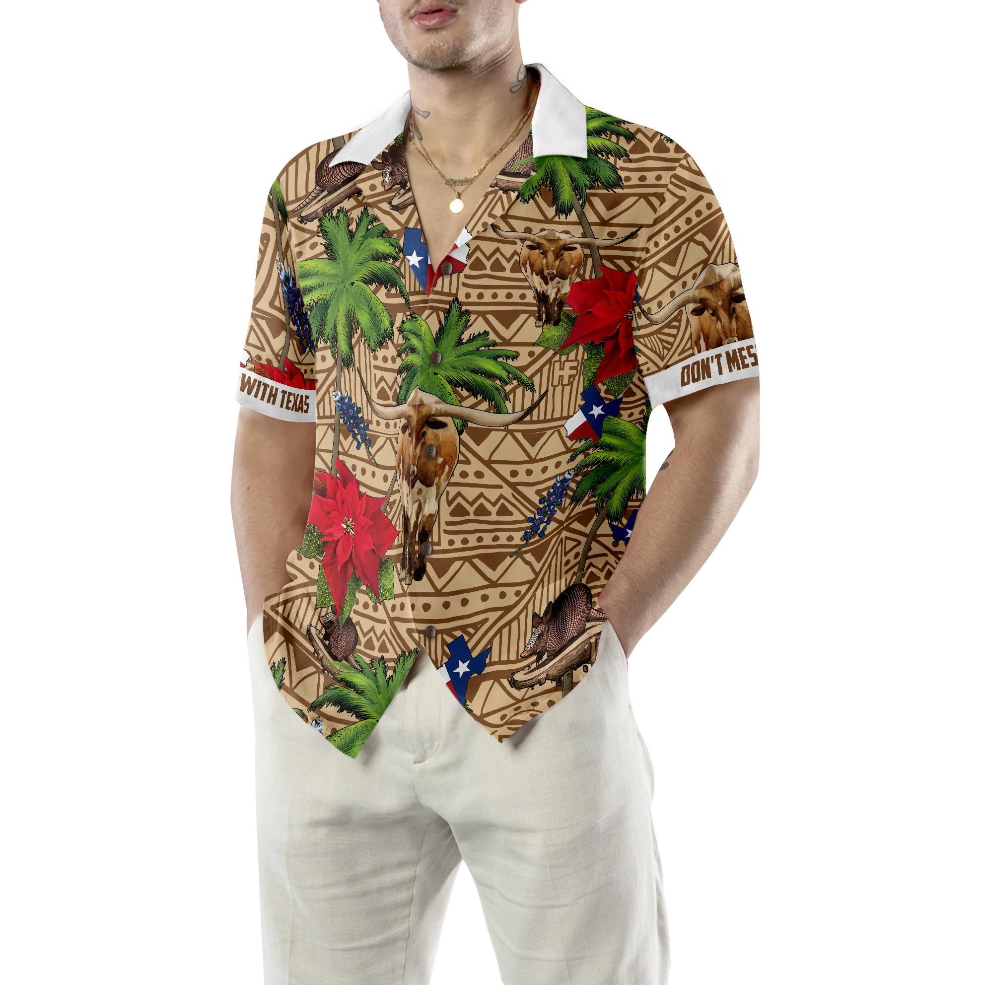 Brown Tribal Pattern Texas Hawaiian Shirt White Neck Version, Don't Mess With Texas Armadillo and Longhorn Texas State Shirt For Men - Hyperfavor