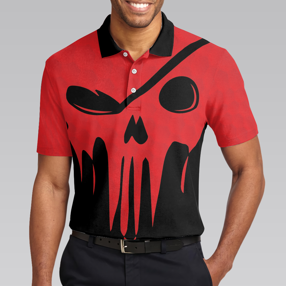 Less Talk More Golfing Polo Shirt, Scary Skull Golf Shirt For Men, Black And Red Golfing Shirt Design - Hyperfavor