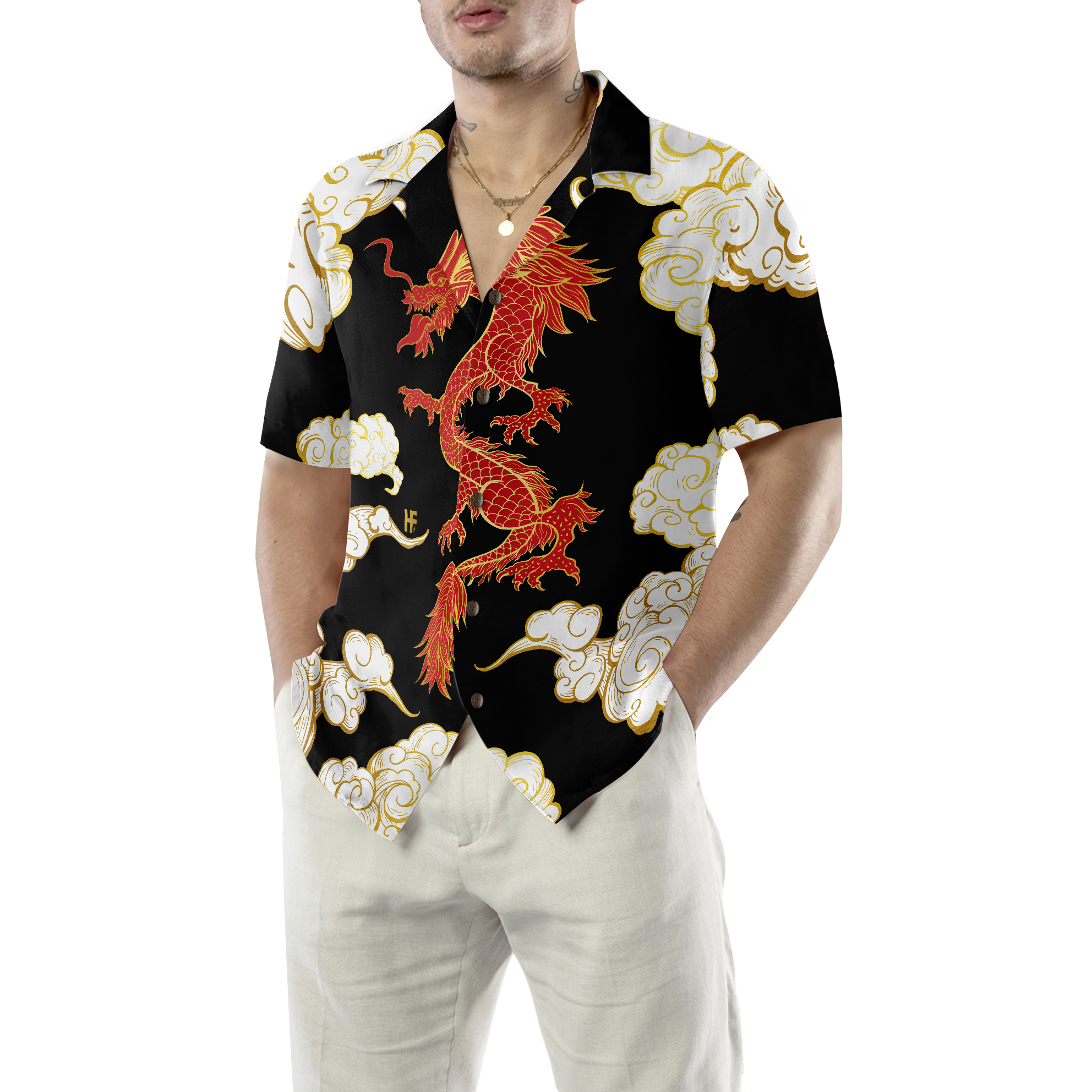 Cool Chinese Dragon Black Red Cloud Hawaiian Shirt - Hyperfavor