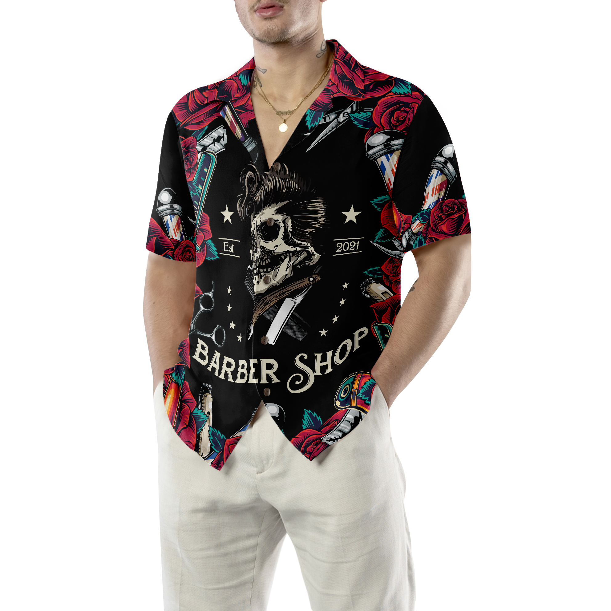 Rose & The Barber Skull Hawaiian Shirt - Hyperfavor