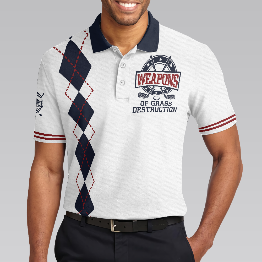 Weapons Of Grass Destruction Short Sleeve Polo Shirt, White And Navy Argyle Pattern Polo Shirt, Best Golf Shirt For Men - Hyperfavor