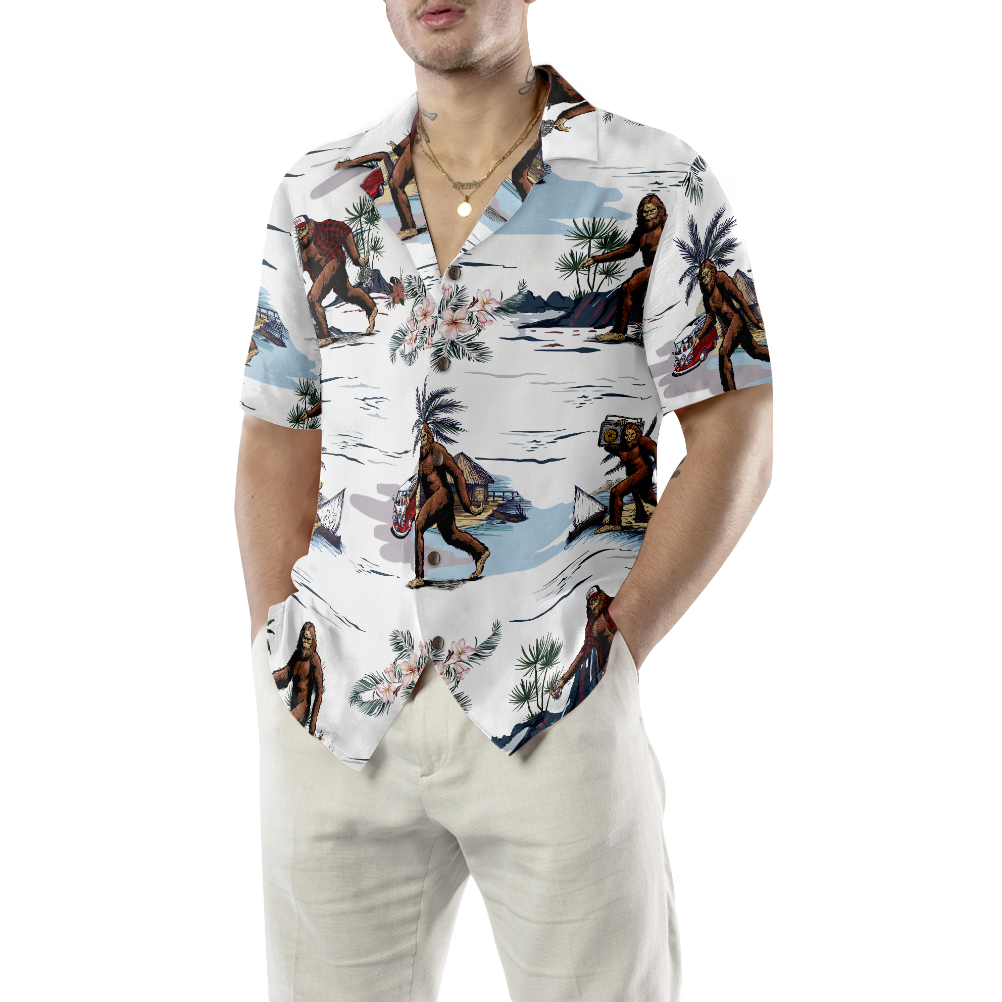 Bigfoots Are Ready For Summer Bigfoot Hawaiian Shirt, White Tropical Floral Bus Trip Bigfoot Shirt For Men - Hyperfavor