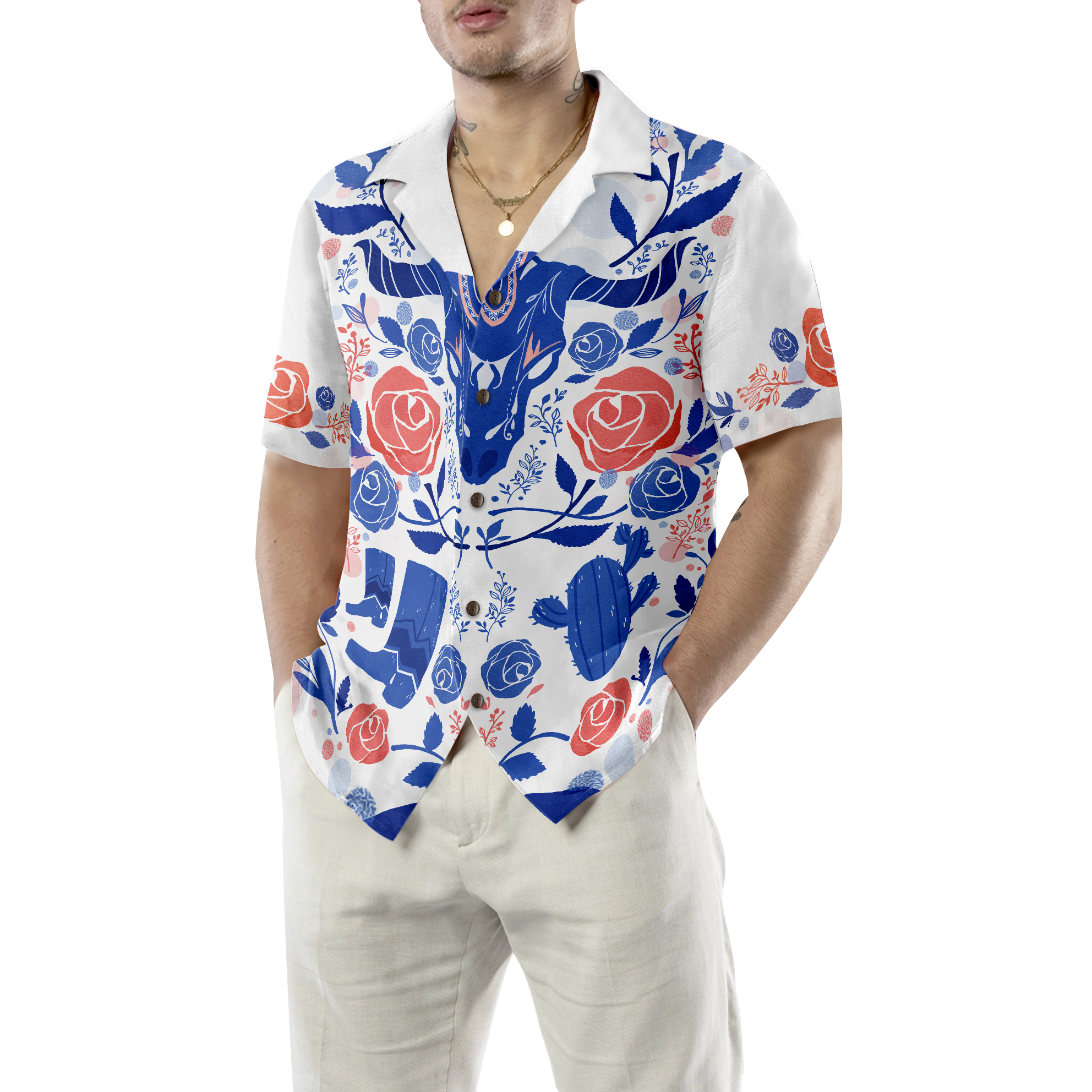 Artistic Longhorn Skull Texas Hawaiian Shirt For Men, White Blue Shirt Shirt For Texans, Texas Lovers - Hyperfavor