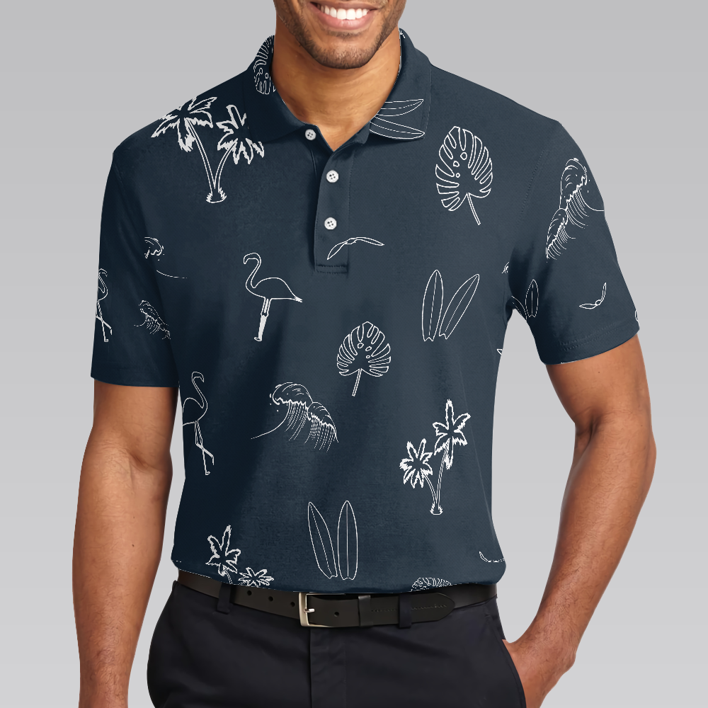 Mini Tropical Icons Polo Shirt, Black And White Tropical Floral Flamingo Polo Shirt For Men - Hyperfavor