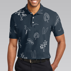 Mini Tropical Icons Polo Shirt, Black And White Tropical Floral Flamingo Polo Shirt For Men - Hyperfavor