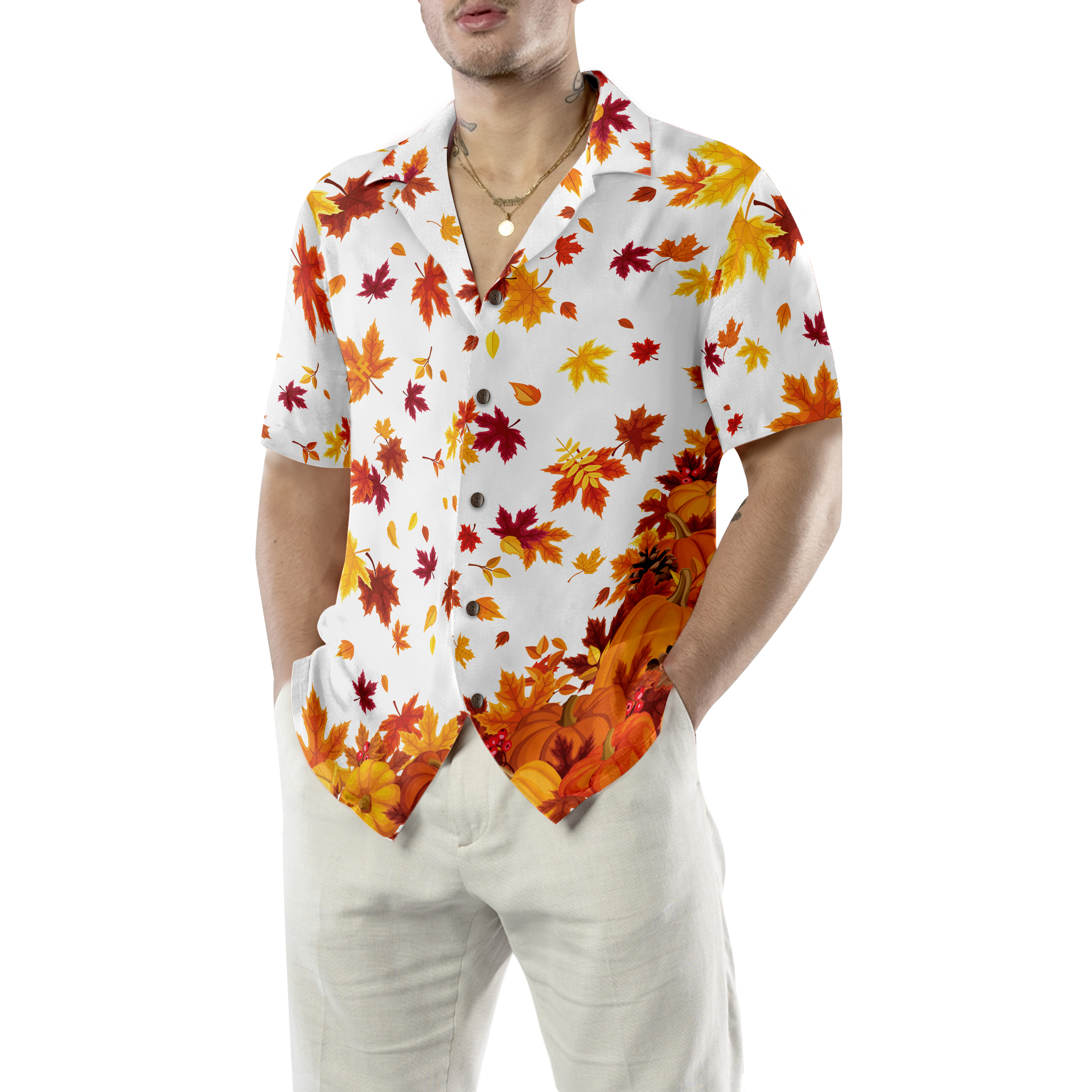 Thanksgiving Pumpkins And Autumn Leaves Hawaiian Shirt - Hyperfavor