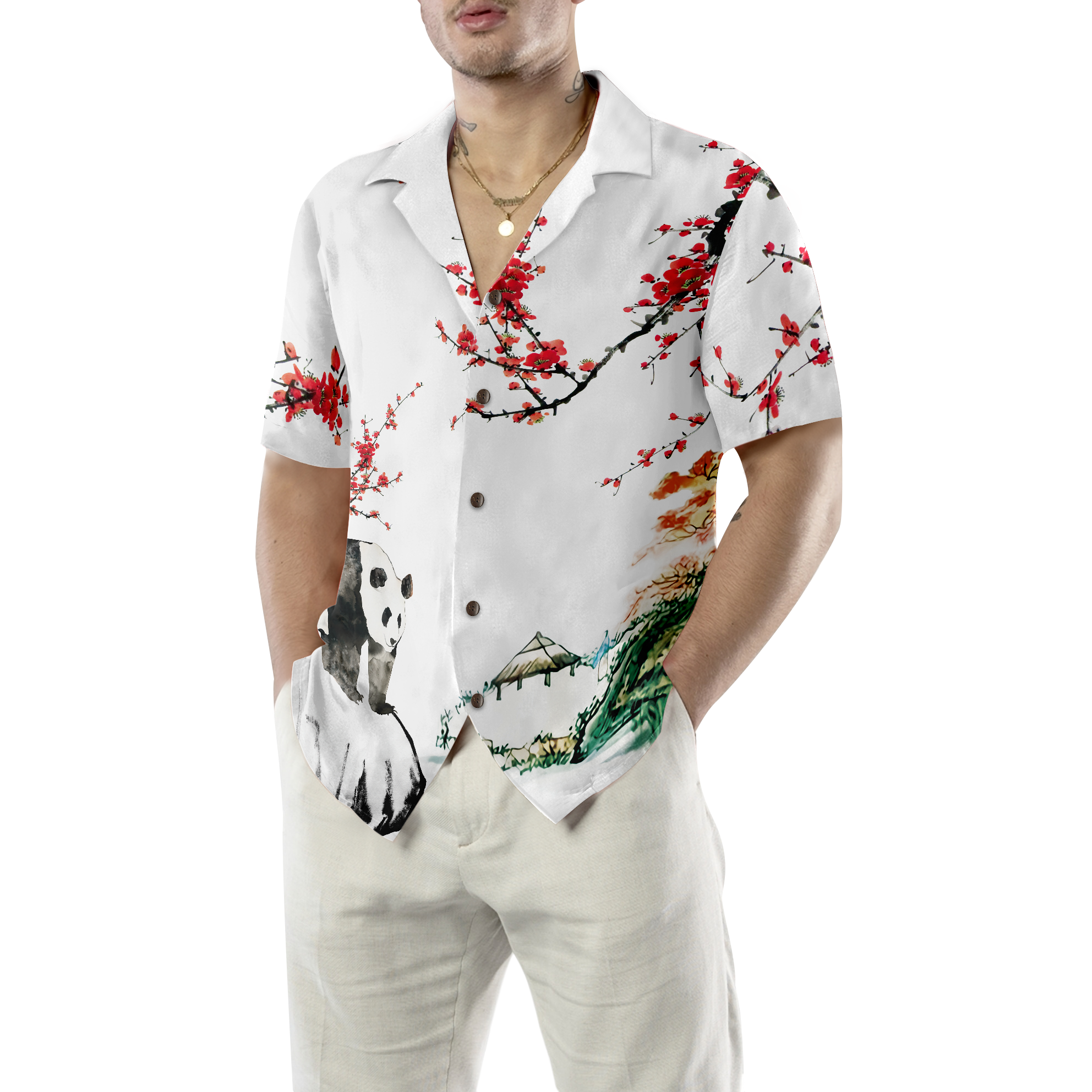 Panda With Plum Blossom Shirt Hawaiian Shirt - Hyperfavor