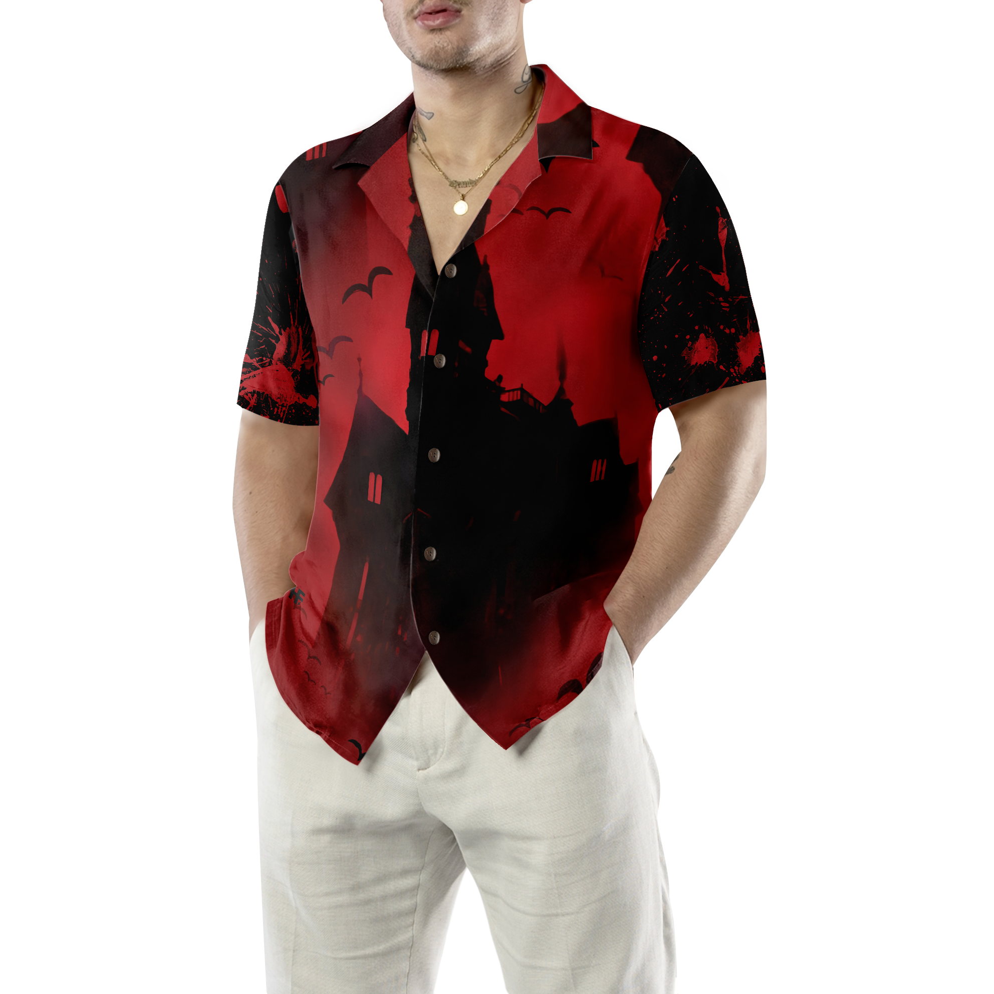 Scary Vampire Castle Halloween Hawaiian Shirt For Men, Black And Red Castle Transylvania Hawaiian Shirt - Hyperfavor