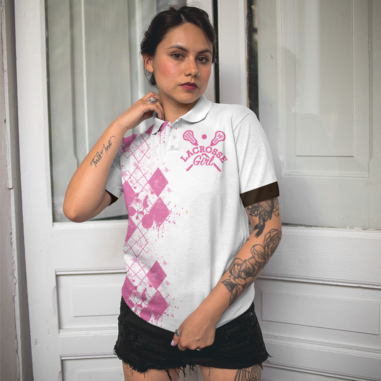 I Beat People With A Stick Lacrosse Short Sleeve Women Polo Shirt, White And Pink Lacrosse Shirt For Ladies - Hyperfavor