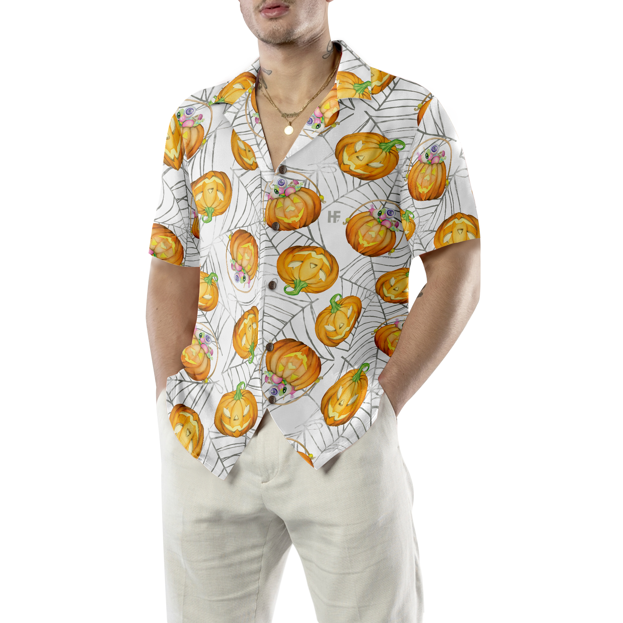 Pumpkin Candy Halloween Spider Web Hawaiian Shirt - Hyperfavor