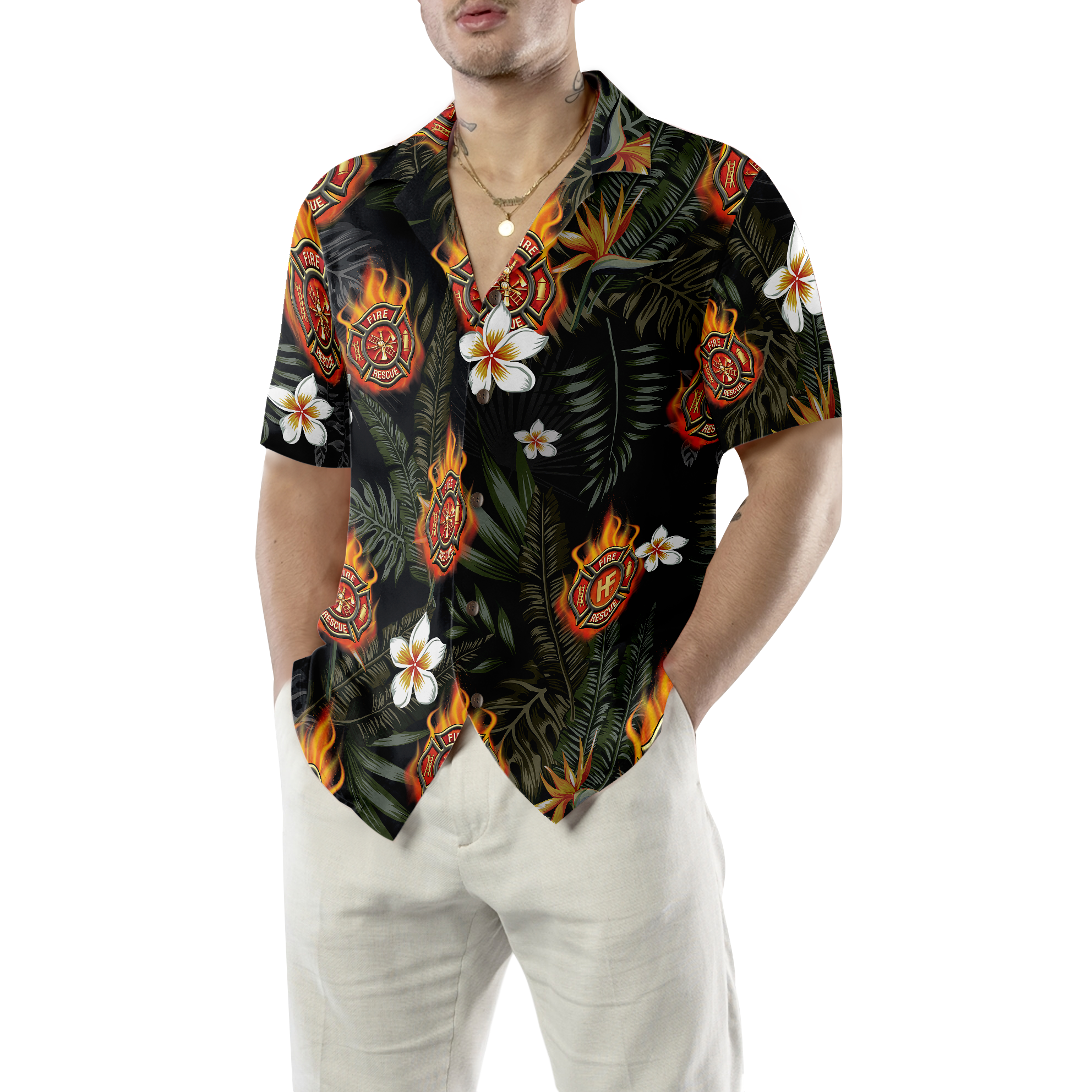 Firefighter Logo On Flame And Black Tropical Seamless Firefighter Hawaiian Shirt, Floral Firefighter Shirt For Men - Hyperfavor