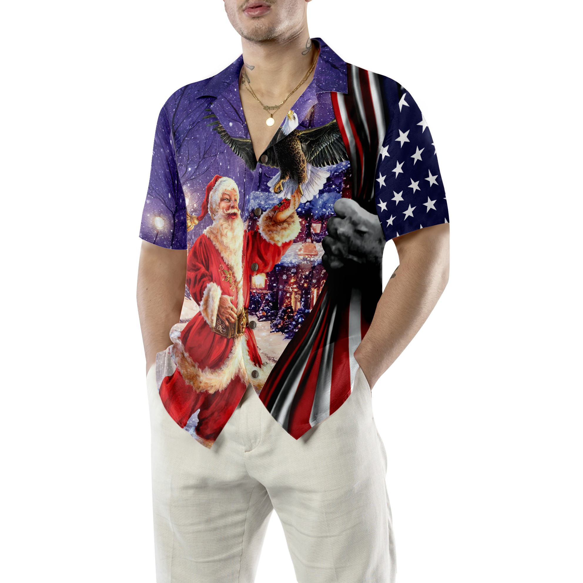 Hyperfavor Christmas Hawaiian Shirts, Santa With Eagle Shirt Short Sleeve, Christmas Shirt Idea Gift For Men And Women - Hyperfavor