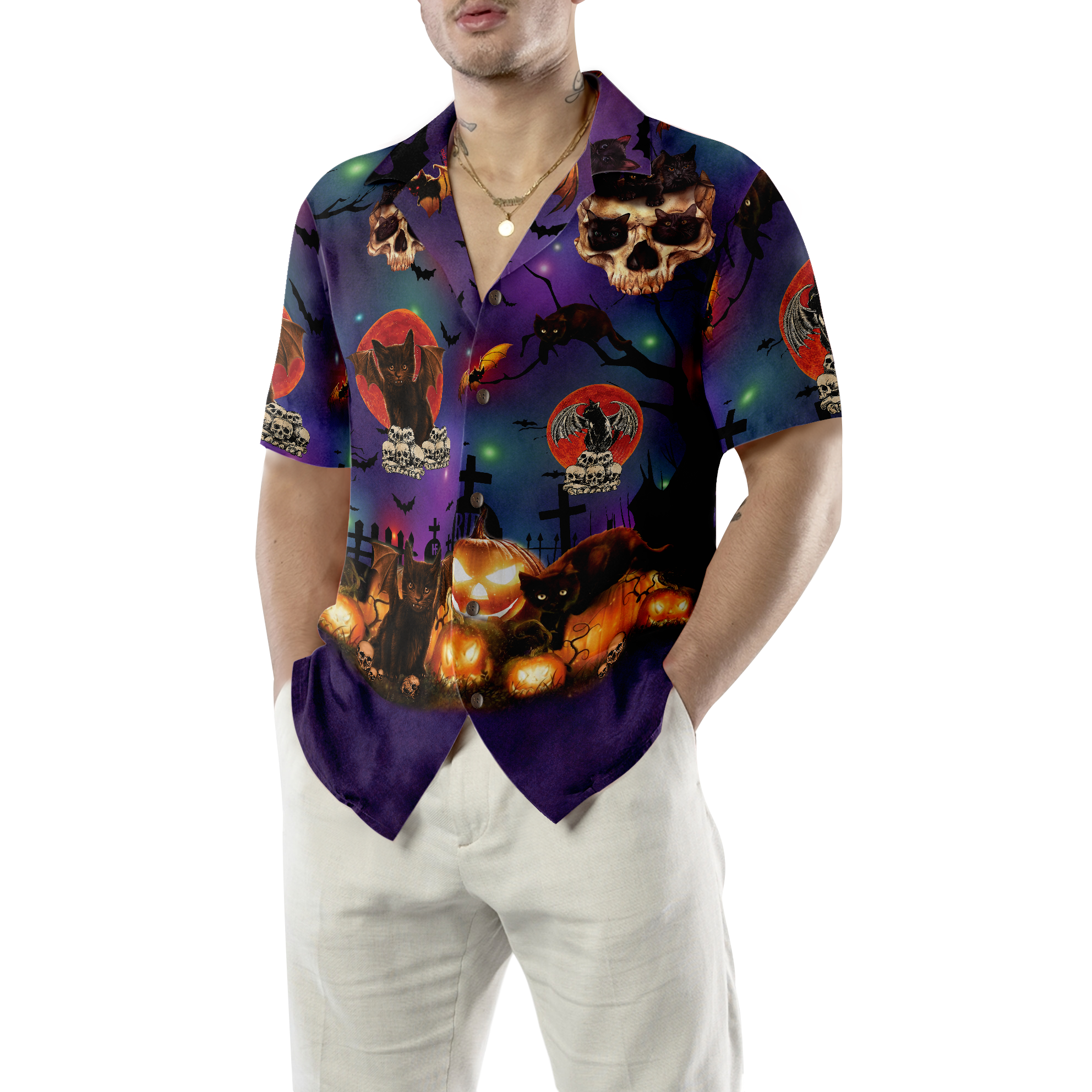 Black Cat Halloween Hawaiian Shirt - Hyperfavor