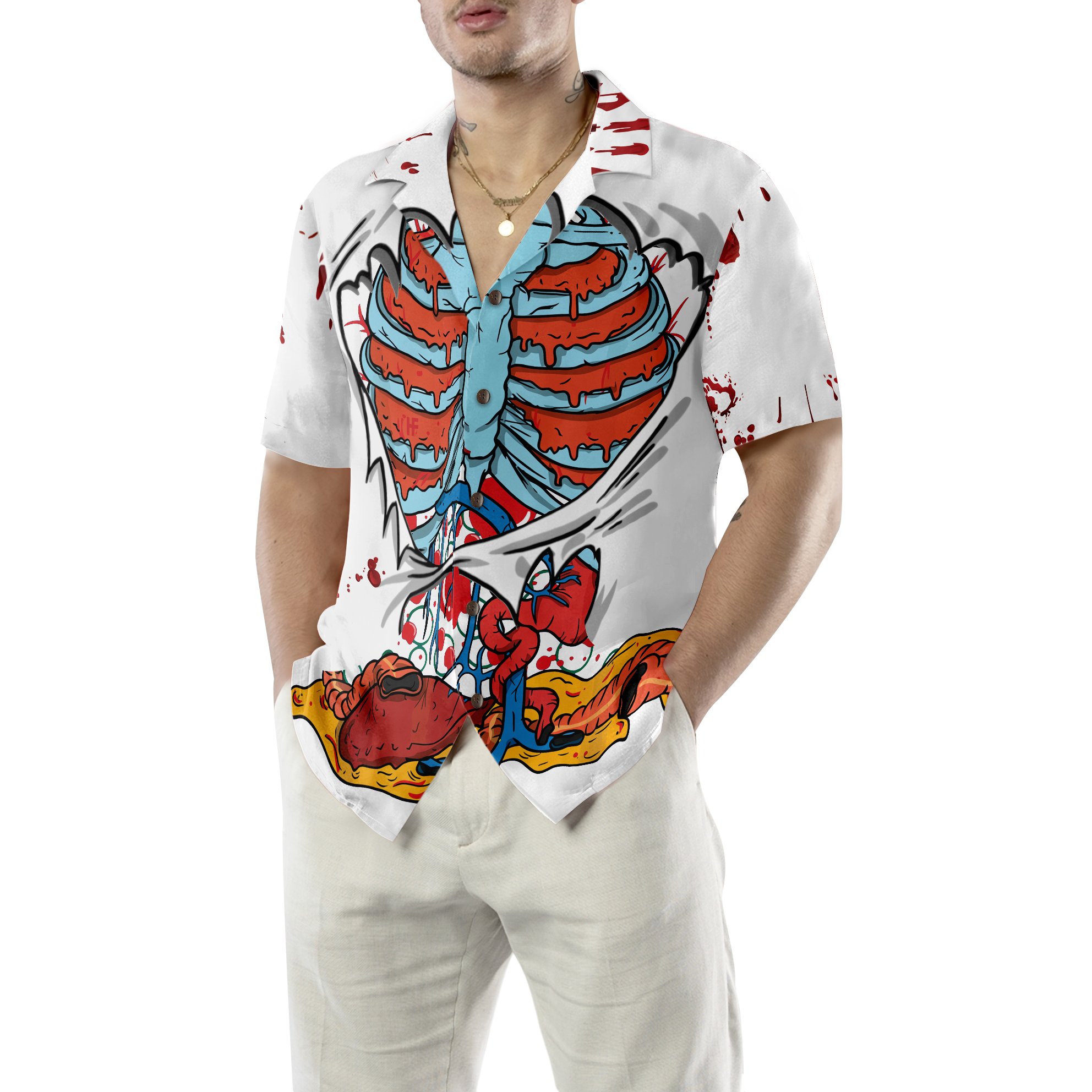 Creepy Ripped Open Rib Cage Organs Hawaiian Shirt - Hyperfavor