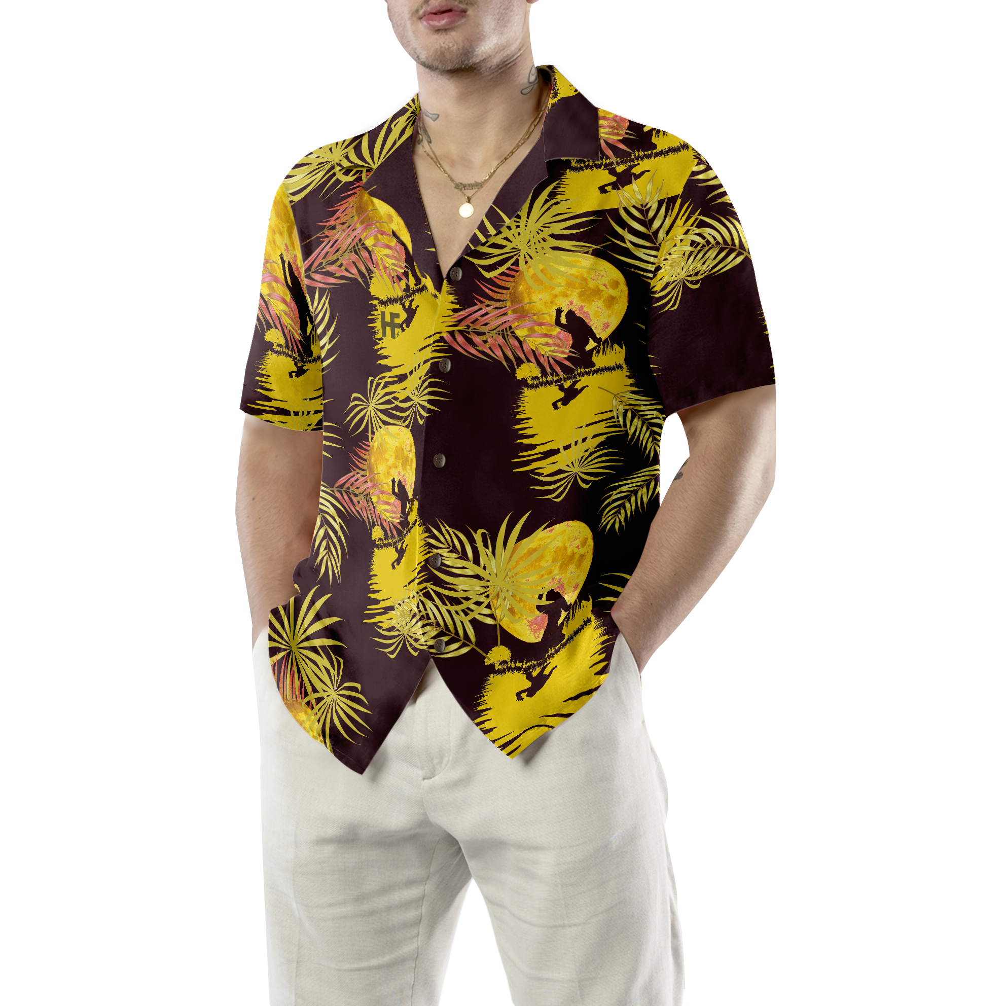 Bigfoot Tropical Yellow Moon Bigfoot Hawaiian Shirt, Purple And Yellow Dancing In The Moonlight Bigfoot Shirt For Men - Hyperfavor