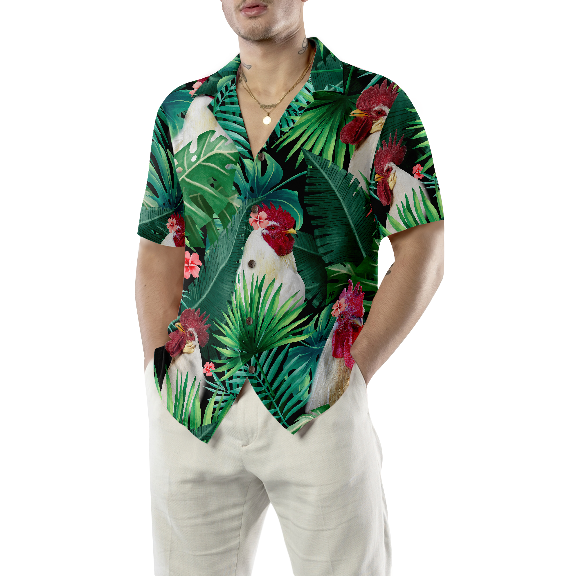 Tropical White Rooster Hawaiian Shirt - Hyperfavor