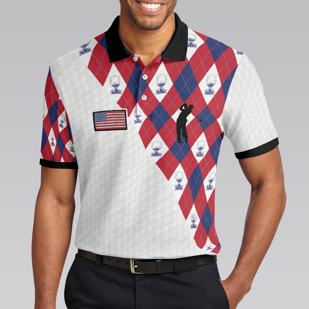 Golf Argyle Pattern Short Sleeve Golf Polo Shirt, American Flag Polo Shirt, Patriotic Golf Shirt For Men - Hyperfavor