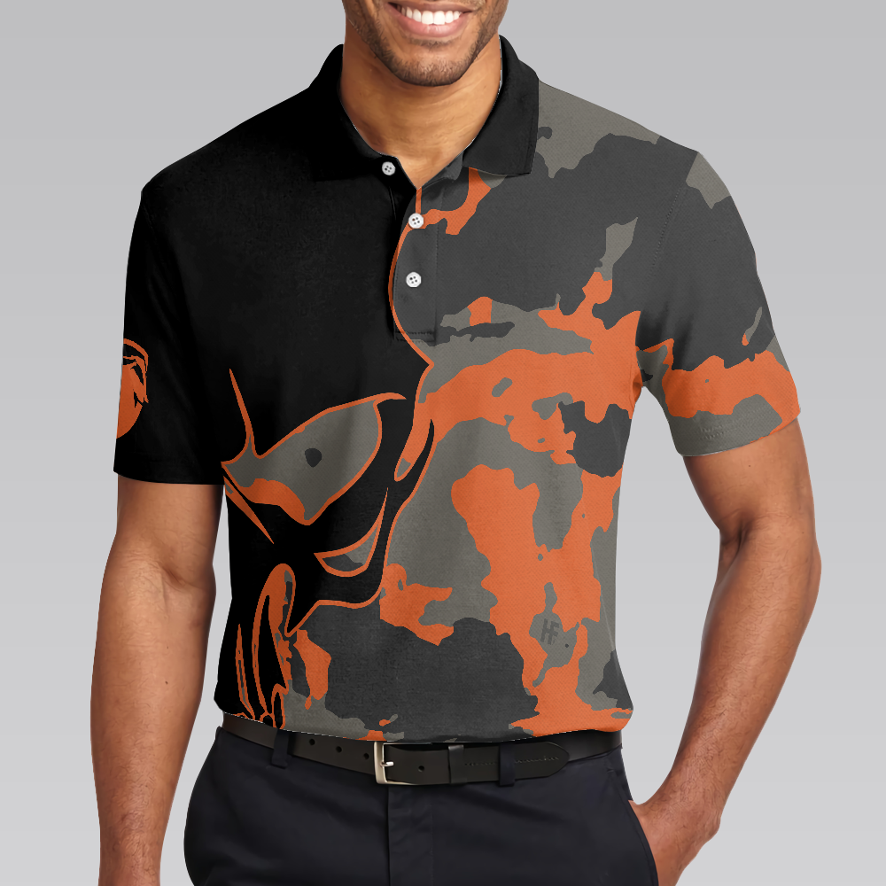 Skull Orange Camouflage Golf Polo Shirt, Streetwear Camo Golf Shirt For Men - Hyperfavor