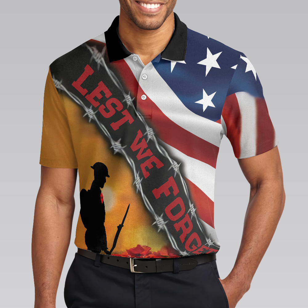 Lest We Forget Veteran Polo Shirt, Cool American Flag Veteran Shirt, Meaningful Gift Idea For Veterans - Hyperfavor