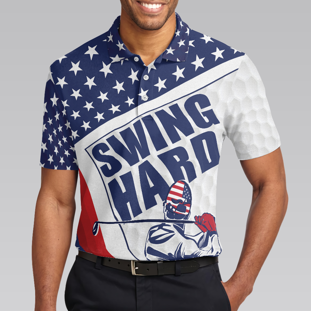 Golf Texture Swing Hard Short Sleeve Golf Polo Shirt, American Flag Polo Shirt, Patriotic Golf Shirt For Men - Hyperfavor