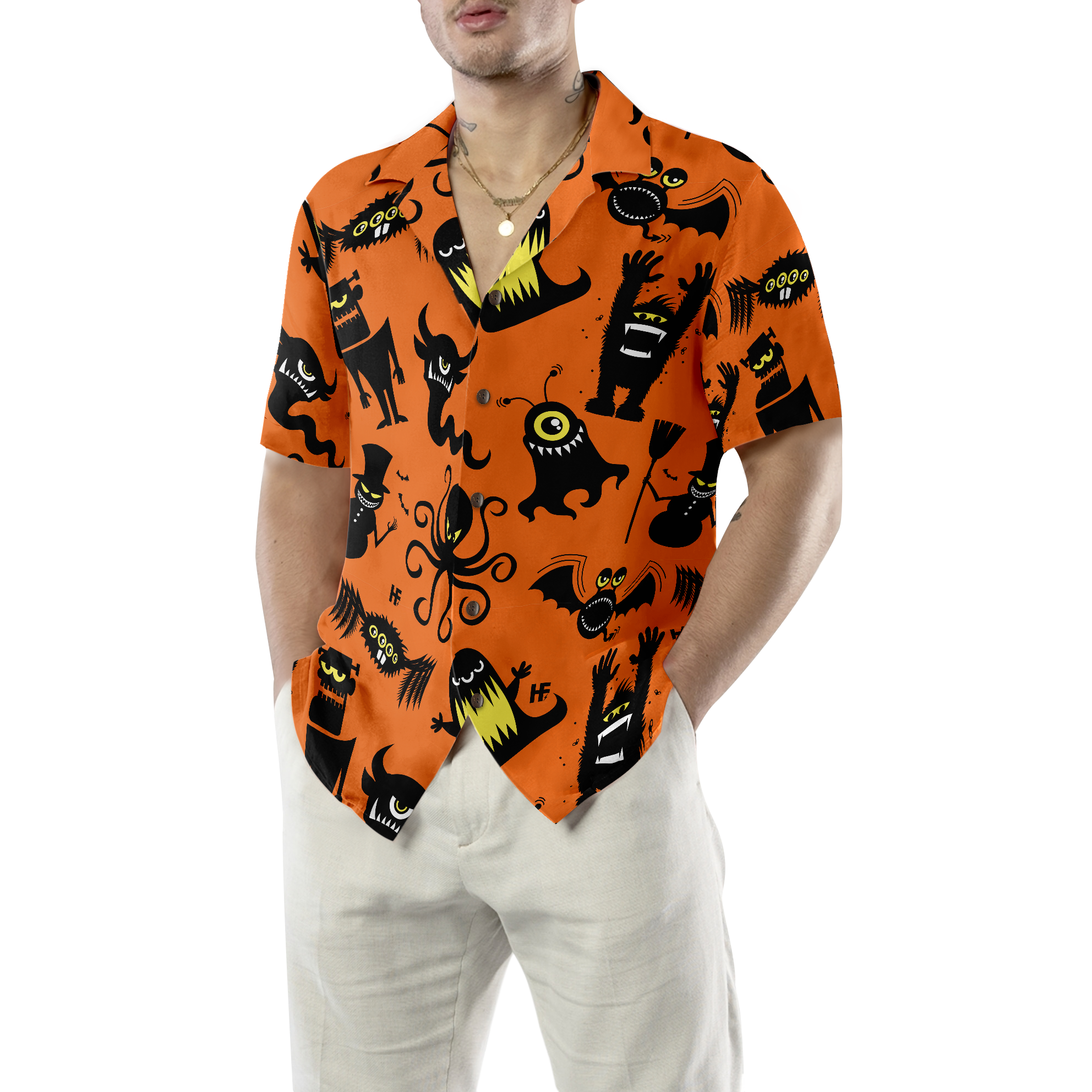 Cute Monster Silhouette Halloween Bigfoot Hawaiian Shirt, Pumpkin Orange And Black Halloween Bigfoot Shirt For Men - Hyperfavor