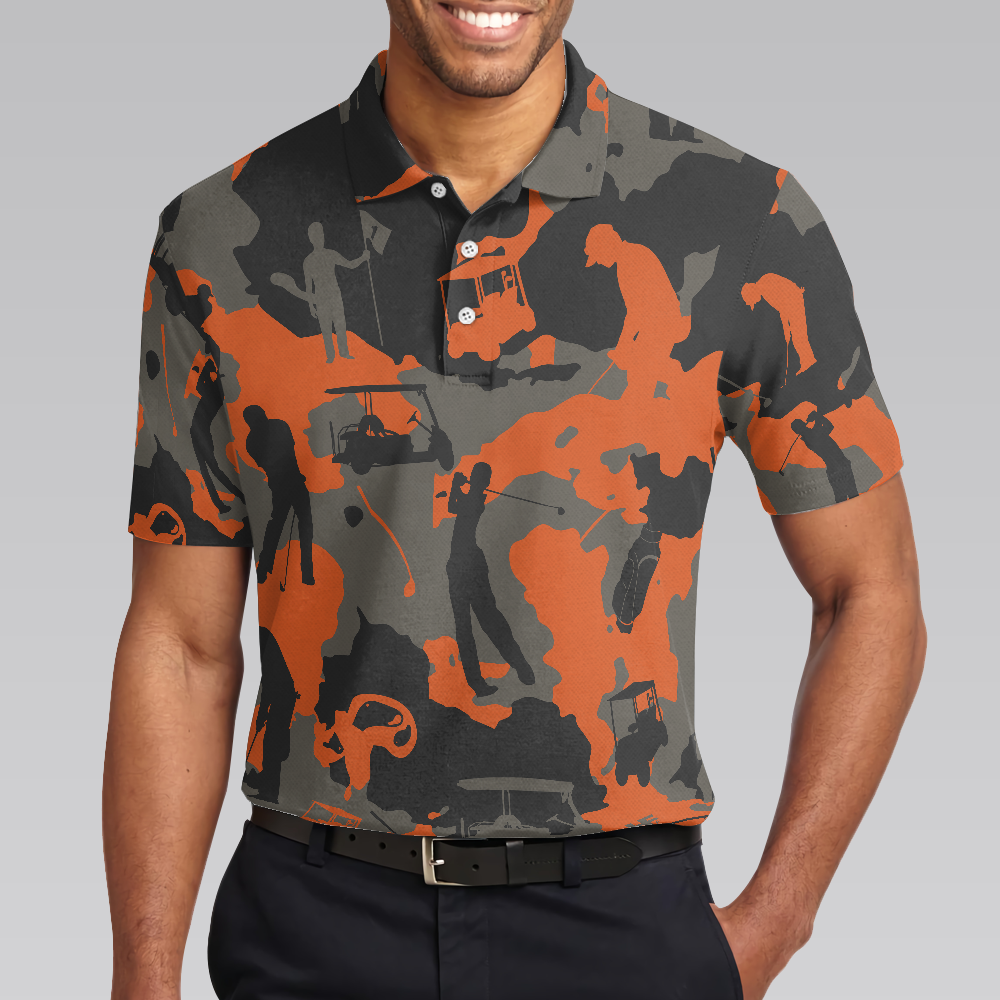 Orange Camouflage Golf Polo Shirt, Golfer Silhouette Pattern Polo Shirt, Camo Golf Shirt For Men - Hyperfavor