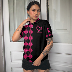 I'm A Survivor Breast Cancer Awareness Short Sleeve Women Polo Shirt, Black And Pink Argyle Pattern Shirt - Hyperfavor