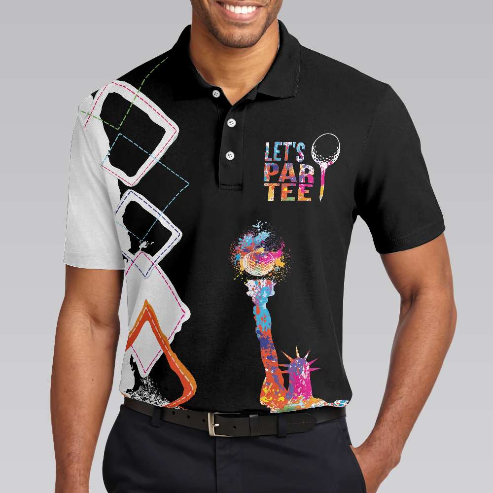 Let's Par Tee Colorful Lady Liberty Patriotic Golfer Polo Shirt, Black And White Argyle Pattern Golf Shirt For Men - Hyperfavor