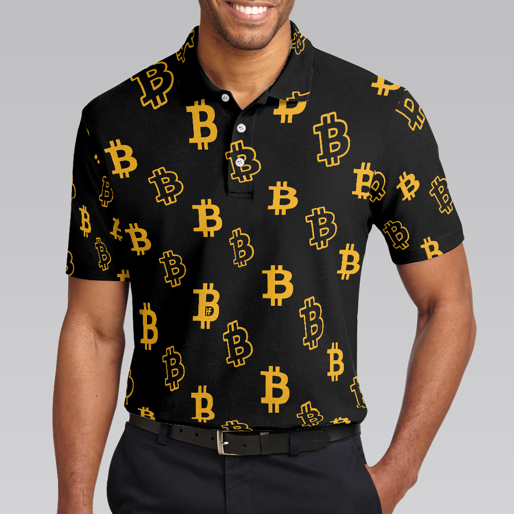 Seamless Pattern Bitcoin Polo Shirt, Luxury Black And Gold Polo Shirt, Best Cryptocurrency Shirt For Men - Hyperfavor