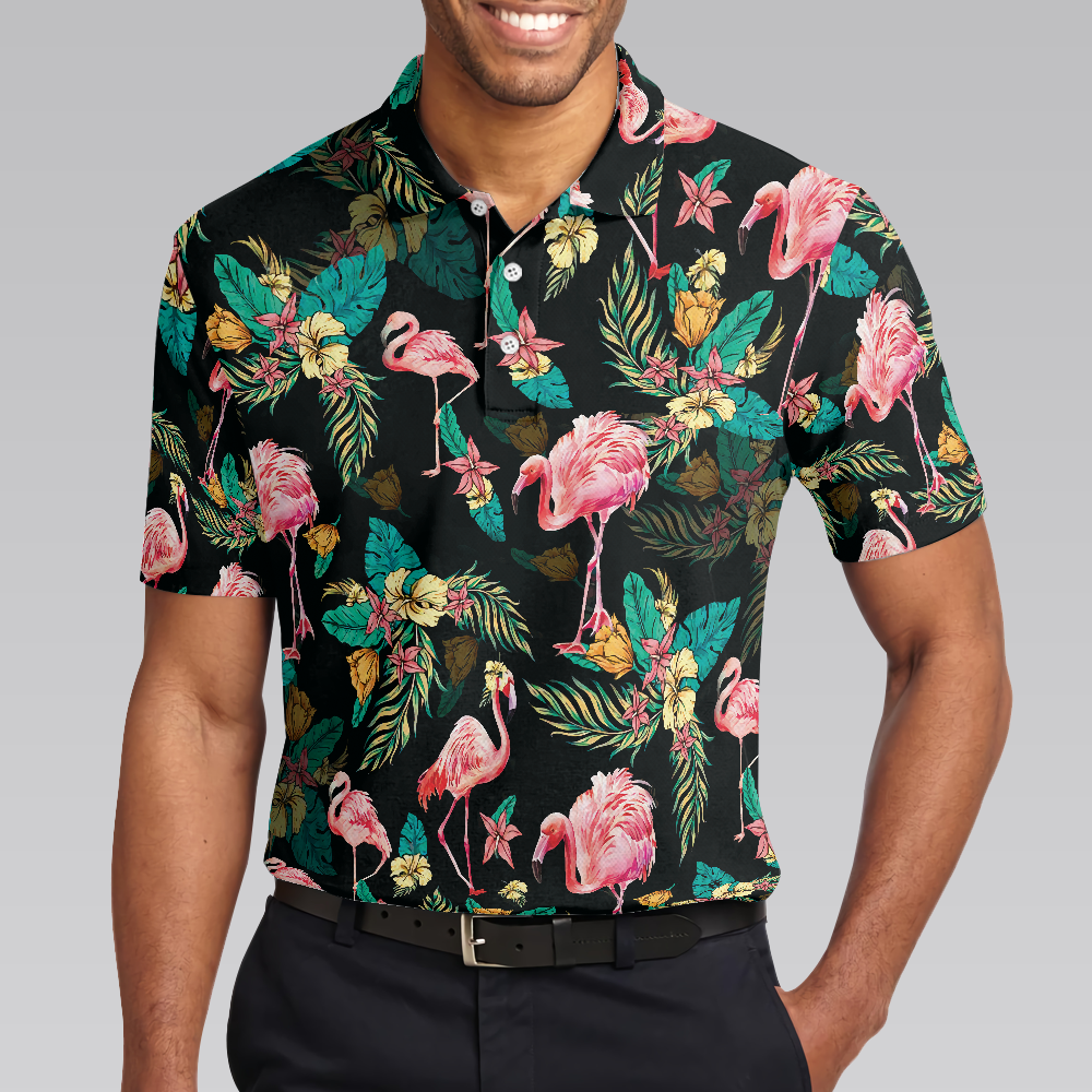 Flamingo Tropical Pattern Polo Shirt, Flamingo Print Shirt For Adults, Pink Flamingo Short Sleeve Shirt - Hyperfavor