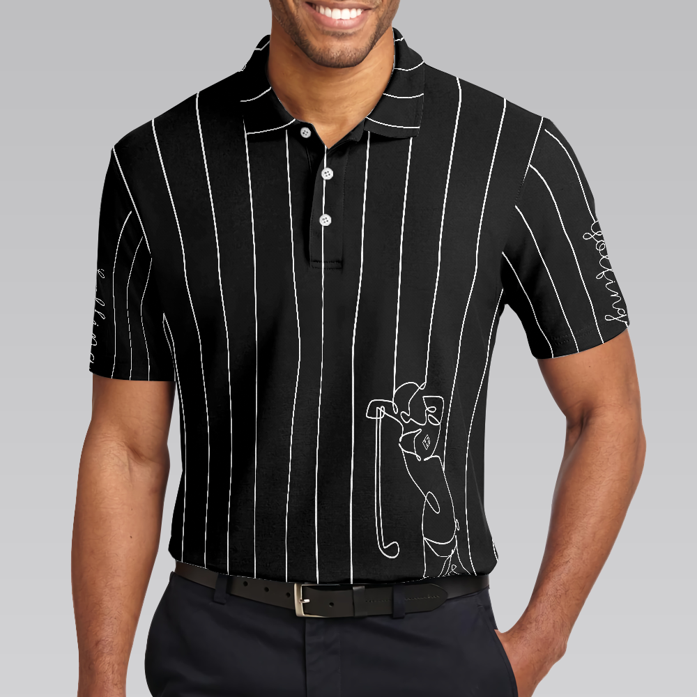 Black & White Single Line Continuous Golfer Shirt Polo Shirt, Vertical Lines Golfing Polo Shirt, Best Golf Shirt For Men - Hyperfavor