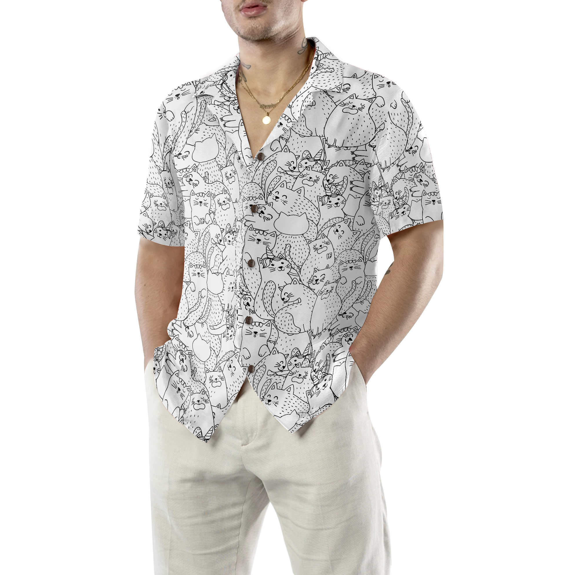 Funny Cats Black And White Pattern Hawaiian Shirt - Hyperfavor