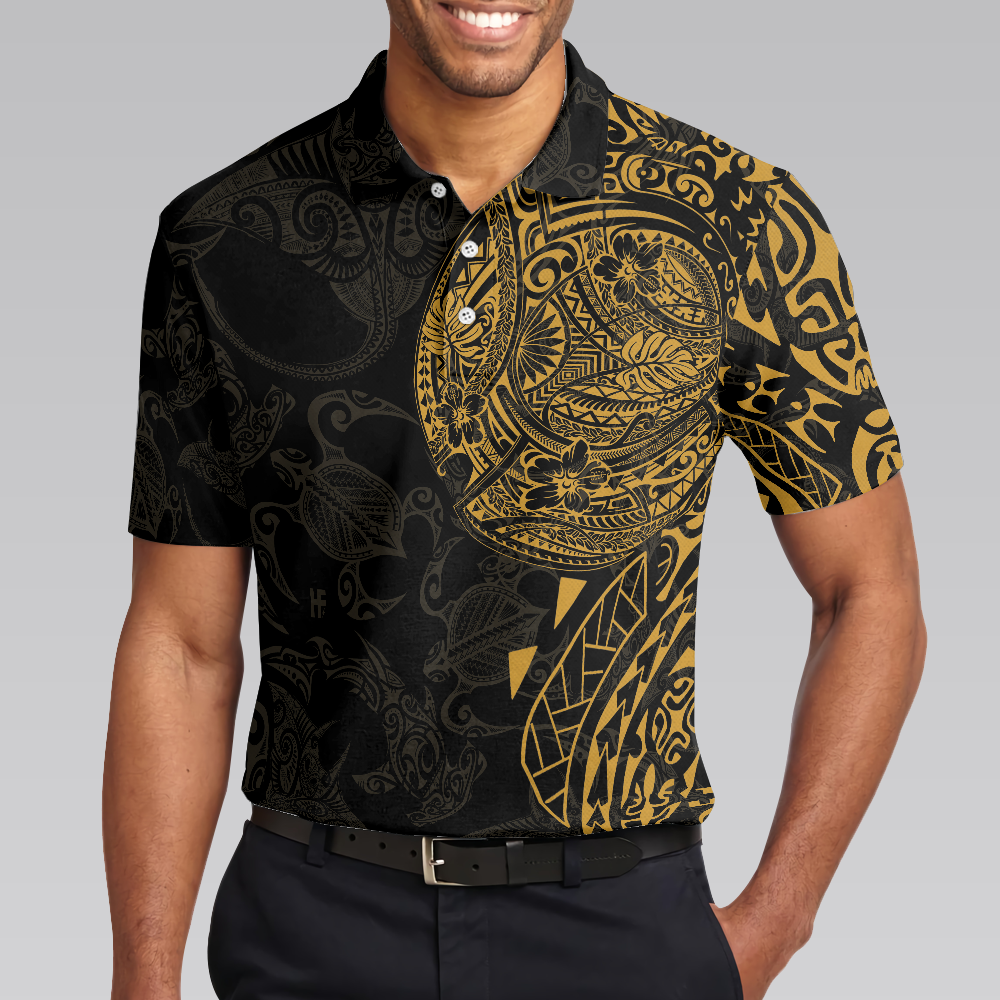 Strong And Cool Polynesian Pattern Polo Shirt, Luxury Black And Gold Shirt For Men - Hyperfavor