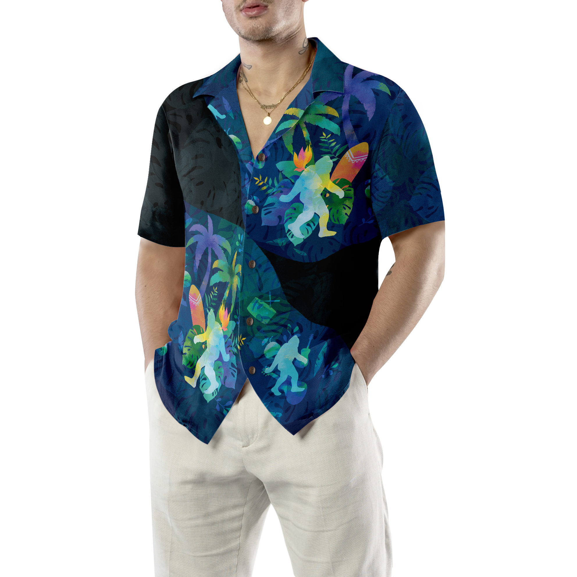 Artistic Summer Bigfoot Hawaiian Shirts for Men, Black and Blue Sasquatch Shirts - Hyperfavor