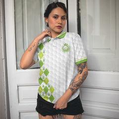 Queen Of The Green Argyle Pattern With Golf Ball On Tee Short Sleeve Women Polo Shirt, White And Green Golf Shirt For Ladies - Hyperfavor