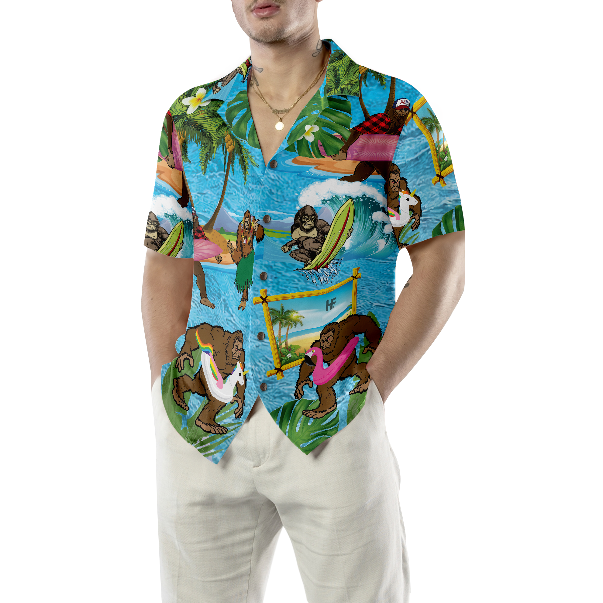 Bigfoot On The Beach Bigfoot Hawaiian Shirt, Tropical Aloha Wave Surfing Bigfoot Shirt For Men - Hyperfavor