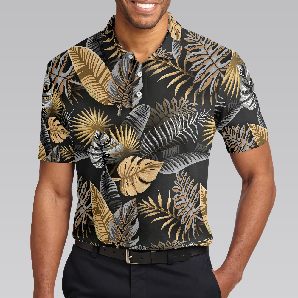 Seamless Luxury Tropical Pattern Golf Polo Shirt, Black And Gold Best Floral Golf Shirt For Men - Hyperfavor