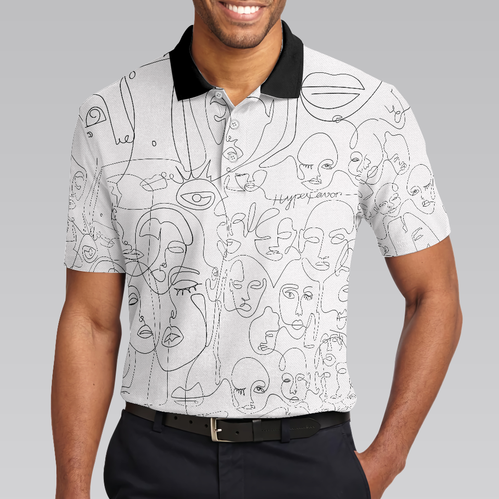 Multiple Face One Line Art White Version Polo Shirt, Black And White Abstract Art Polo Shirt For Women - Hyperfavor