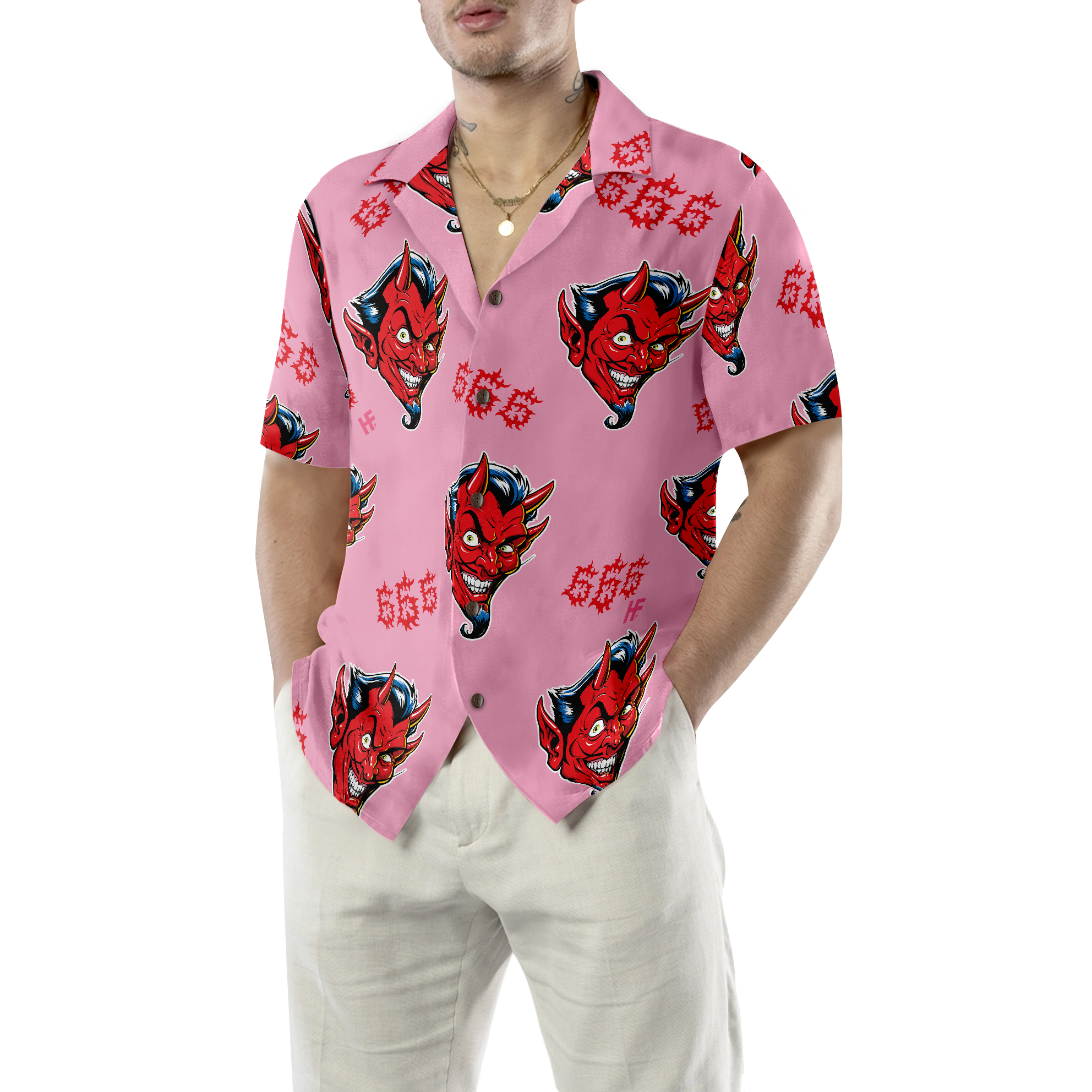 Seamless Red Devil Face Hawaiian Shirt - Hyperfavor