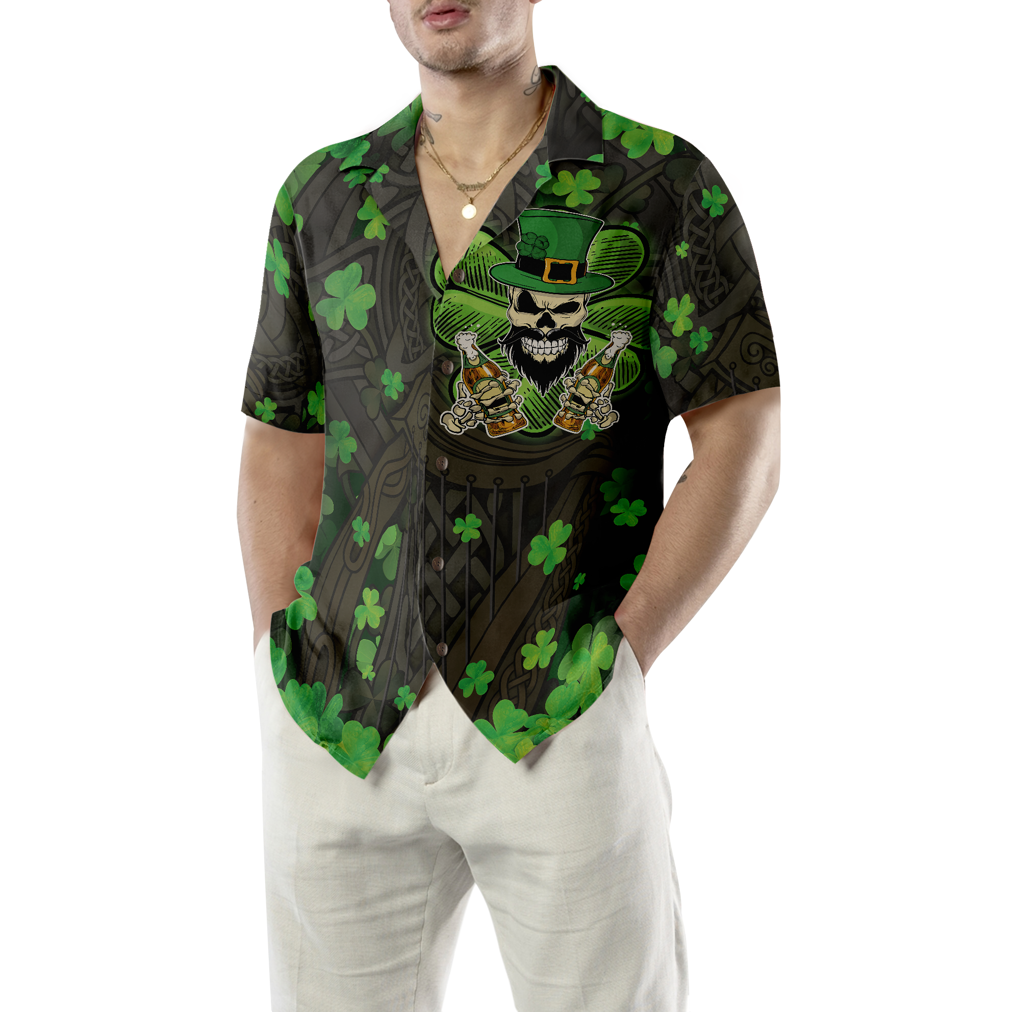 The Celtic Cross Harp Irish Skull Leprechaun Hawaiian Shirt - Hyperfavor