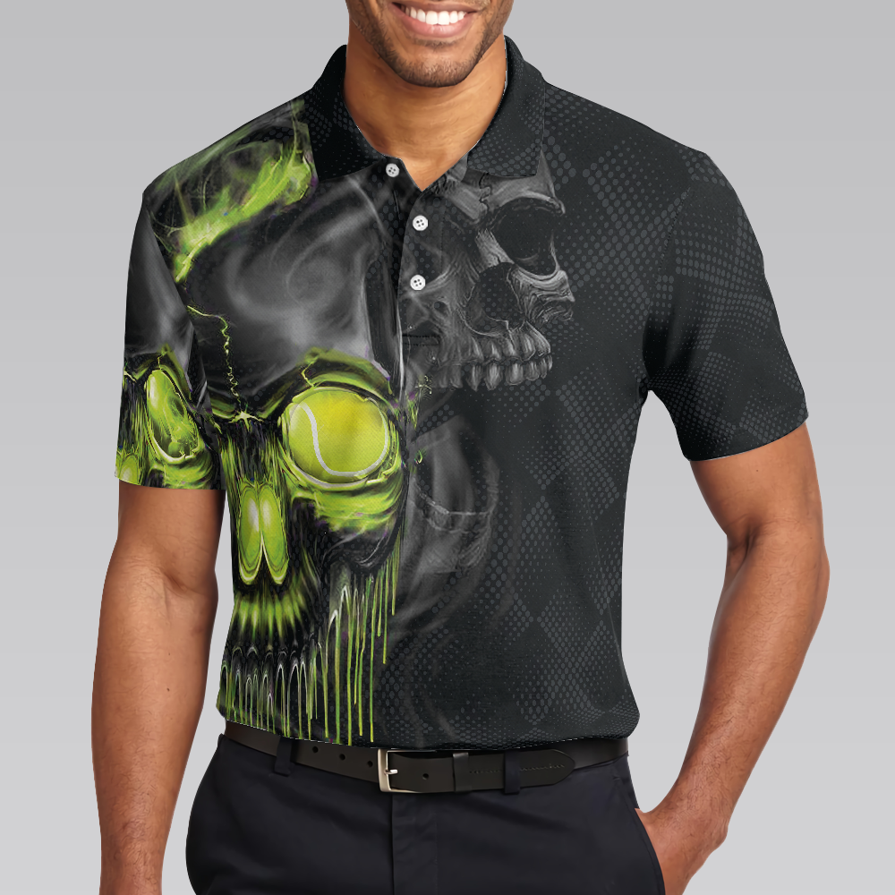 Skull Tennis Polo Shirt, Scary Skull Graphic Tennis Shirt For Tennis Lovers, Halloween Tennis Gift Idea - Hyperfavor