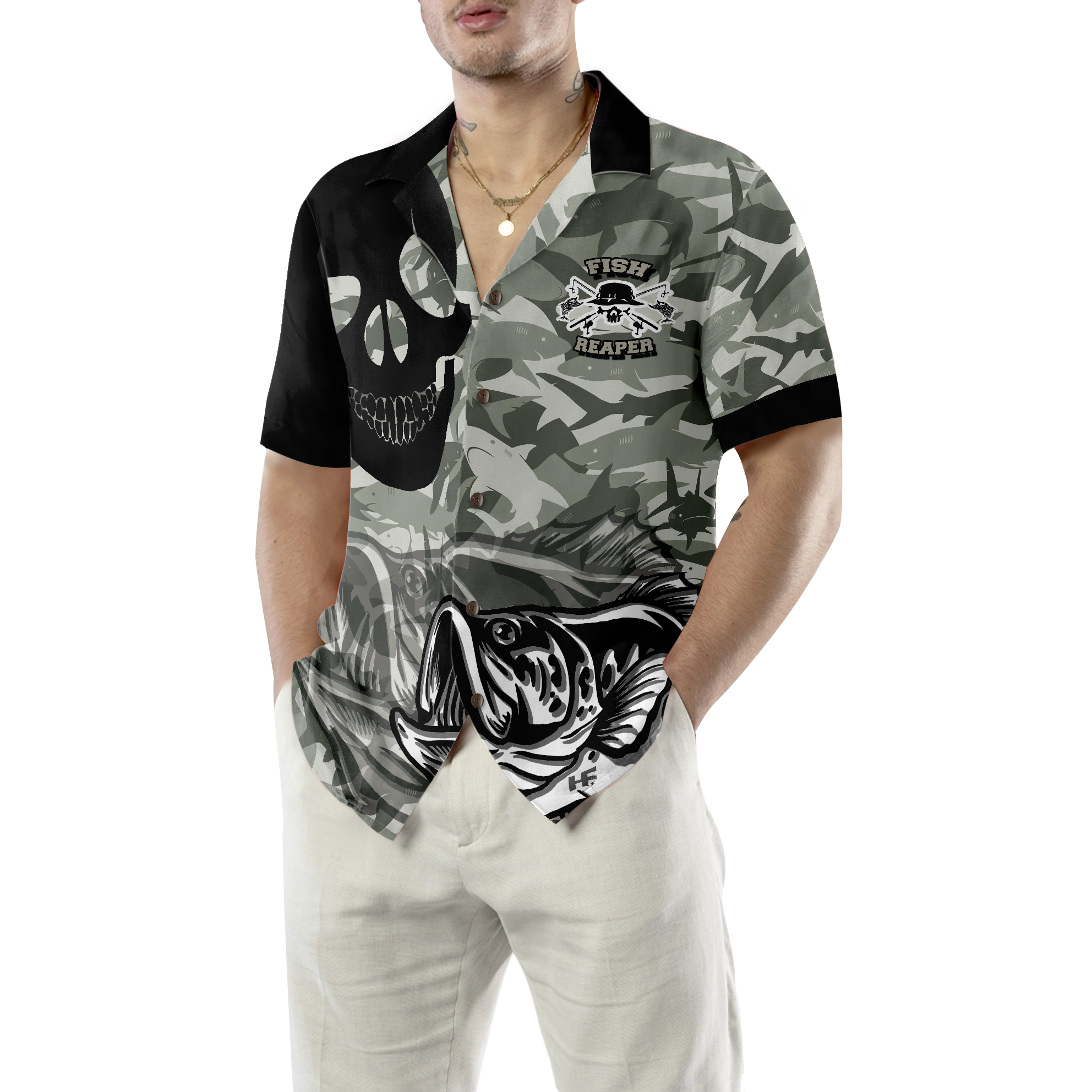 Eat Sleep Fishing Repeat Skull Camouflage Hawaiian Shirt - Hyperfavor