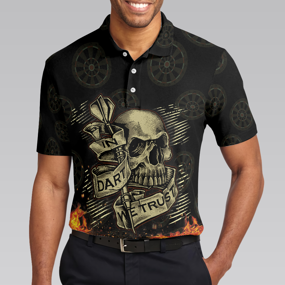 In Dart We Trust Short Sleeve Polo Shirt, Fire Play Hard Skull Polo Shirt, Cool Dart Shirt For Men - Hyperfavor