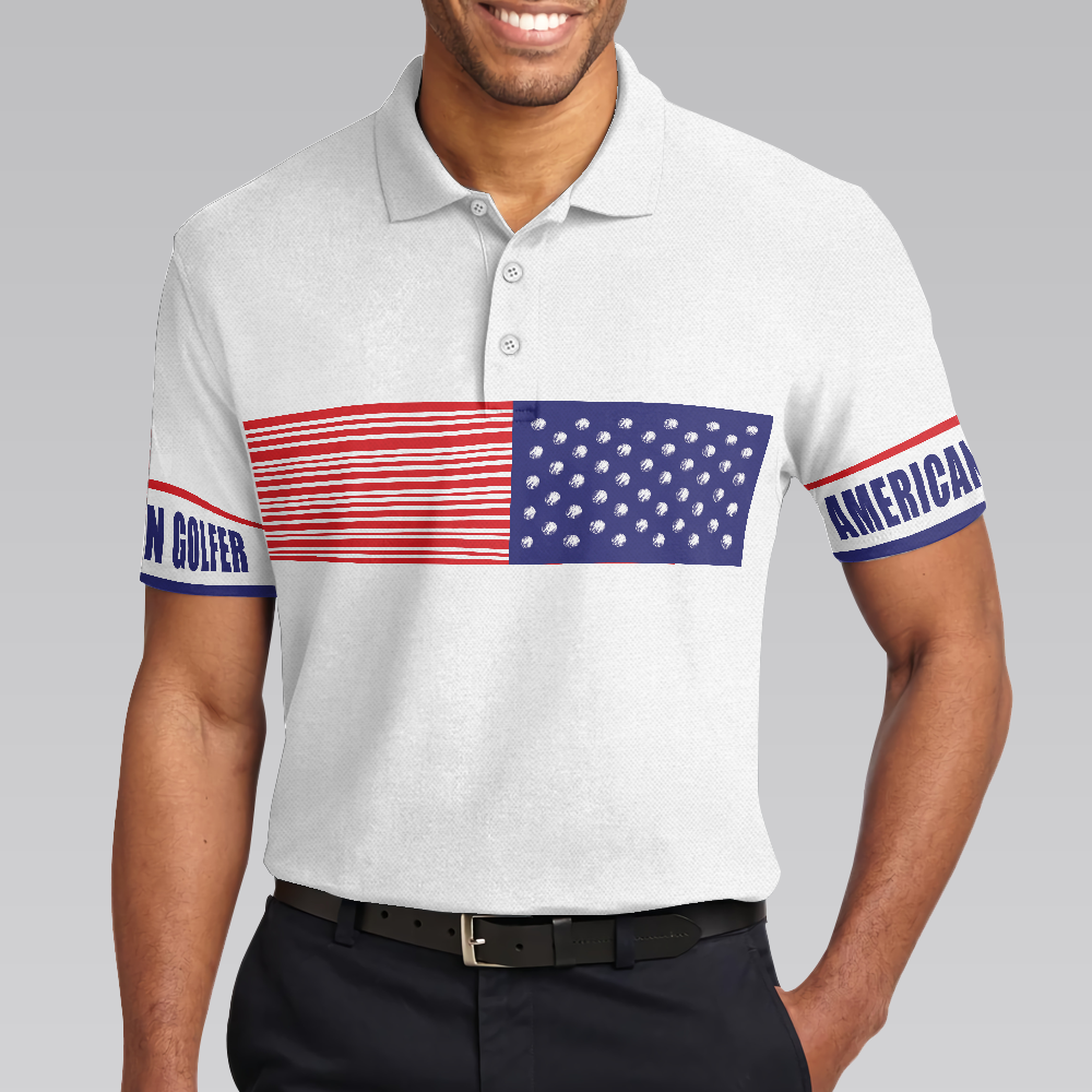 American Golfer Golfing Polo Shirt, Strips Barcode American Flag Polo Shirt, Patriotic Golf Shirt For Men - Hyperfavor