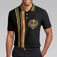 Luxury Baroque Pattern Golf Polo Shirt, Golden Greek Key Pattern Polo Shirt, Best Golf Shirt For Men - Hyperfavor