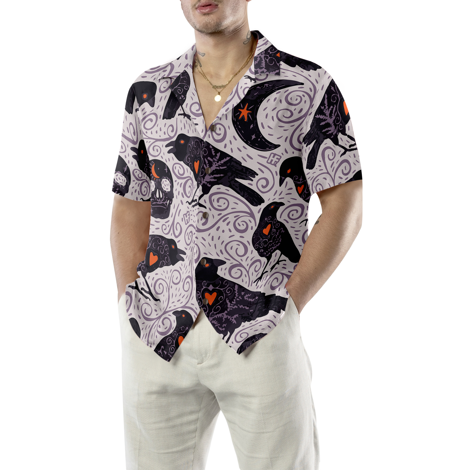 Raven And Skull Halloween Hawaiian Shirt, Halloween Shirt For Men And Women - Hyperfavor